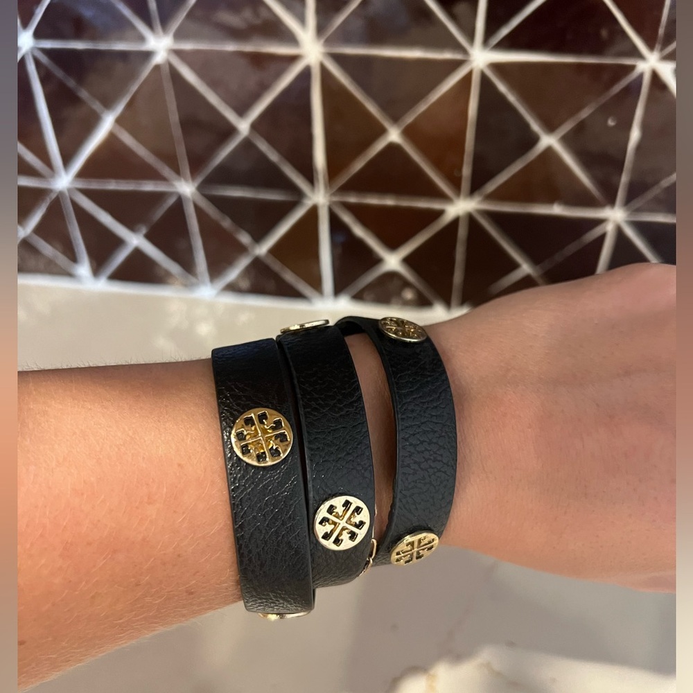 Tory Burch Leather Logo Studded Wrap Bracelet